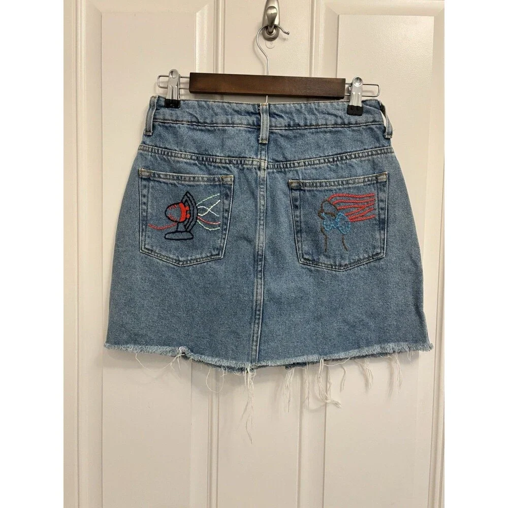 Anthropologie Farm Rio Embroidered Denim Mini Skirt medium colorful Sun Fan - Picture 5 of 11